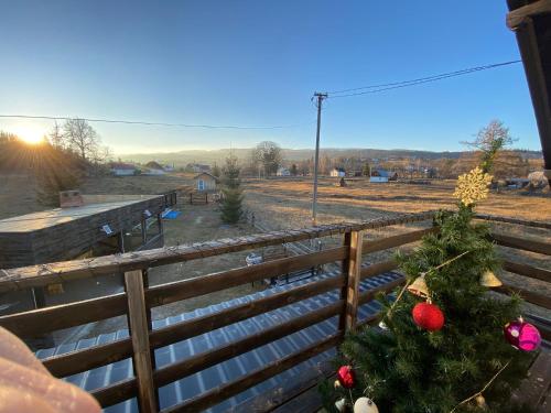 a christmas tree on the side of a fence at VILA RAISA in Neagra Şarului