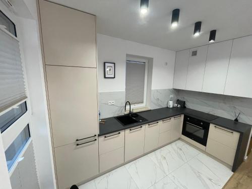 eine Küche mit weißen Schränken und einem Waschbecken in der Unterkunft Platinium Queen Aparthotel CENTRUM in Kielce