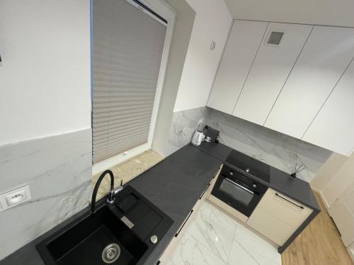 eine Küche mit einer schwarzen Theke und einem Waschbecken in der Unterkunft Platinium Queen Aparthotel CENTRUM in Kielce