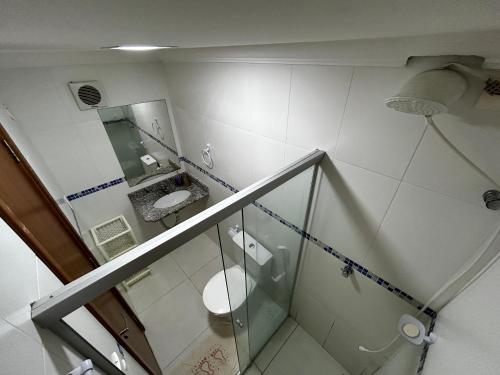 a bathroom with a sink and a toilet and a mirror at Brisa do Mar - Zona Sul, Ilhéus in Ilhéus