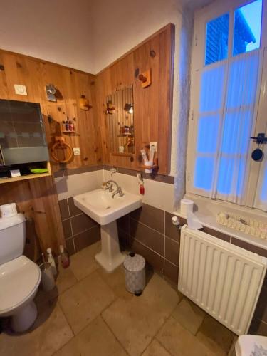 een badkamer met een toilet en een wastafel bij Gîte les hortensias 