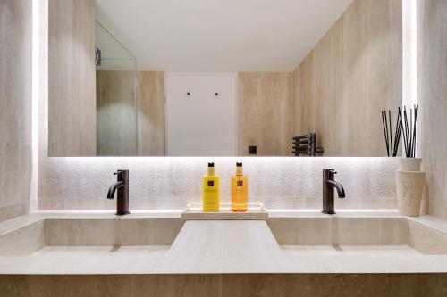 - deux bouteilles de savon assises sur un lavabo dans l'établissement TheLander Serviced Apartments in Saint-Germain des Près - Rue Jacob, à Paris