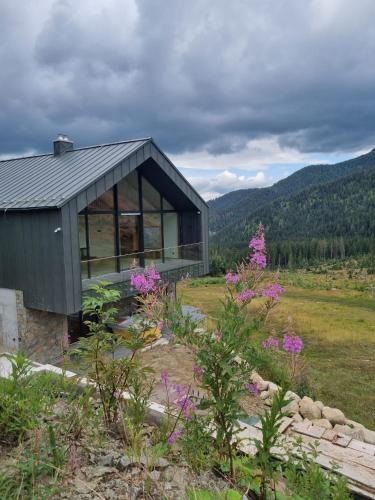 a house in a field with mountains in the background at Lucky Chalet Jasná luxury apartment in Demanovska Dolina