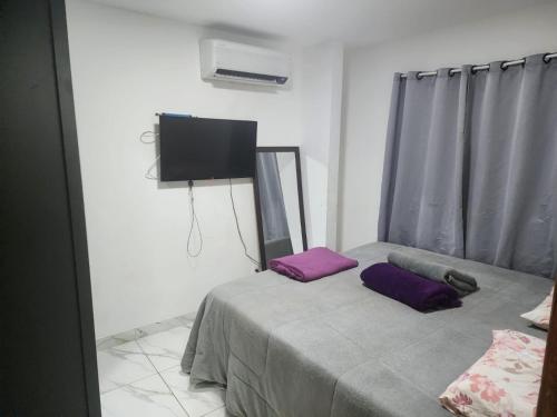 een kamer met een bed met paarse kussens erop bij Apartamento verão in Vila Velha