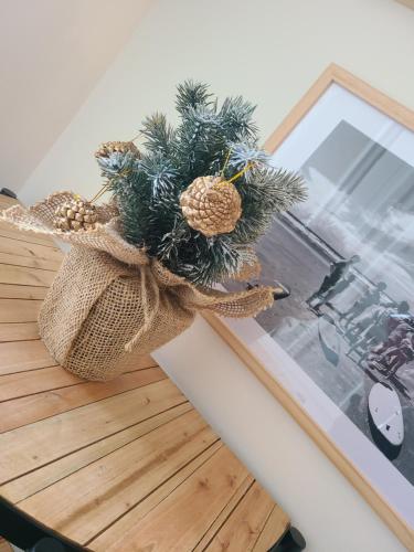 a glass table with a christmas tree on it at Villa26 in Montauroux