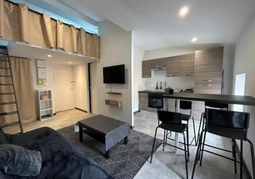 une cuisine et un salon avec un canapé et une table dans l'établissement RESIDENCE LES JOYAUX, à Muret