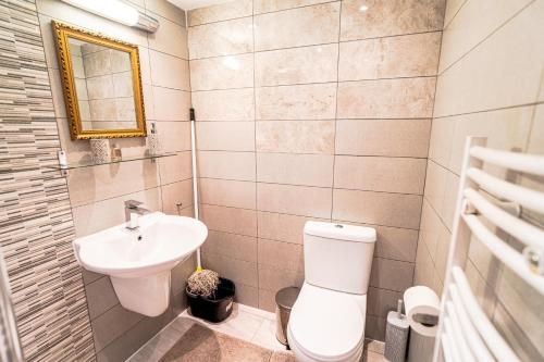 a small bathroom with a toilet and a sink at Large studio 2min to hendon Central Station in The Hyde