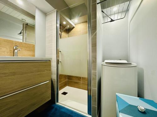 une salle de bain avec douche et toilettes dans l'établissement Jolie maison de vacances mitoyenne au calme proche Tanchet 4 personnes, à Les Sables-dʼOlonne