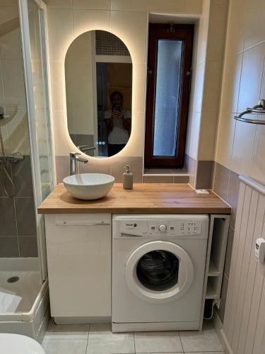 La salle de bains est pourvue d'un lave-linge et d'un miroir. dans l'établissement Appartement T2 ambiance chalet centre village proche des commerces et des pistes WIFI, à La Clusaz