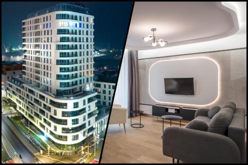 dos fotos de una sala de estar con un edificio alto en Aperto Apartament Gdynia centrum 10 piętro, en Gdynia