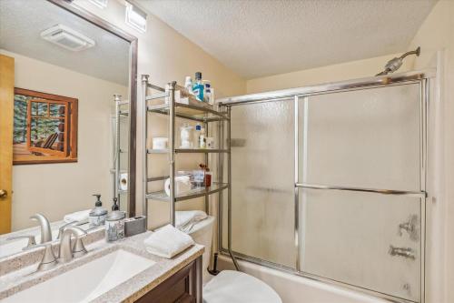 a bathroom with a shower and a toilet and a sink at Pinnacle B14 in Killington