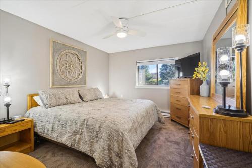 a bedroom with a bed and a dresser and a window at Pinnacle B12 in Killington