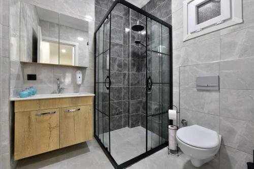 a bathroom with a shower and a toilet and a sink at Center Suite 8 in Istanbul