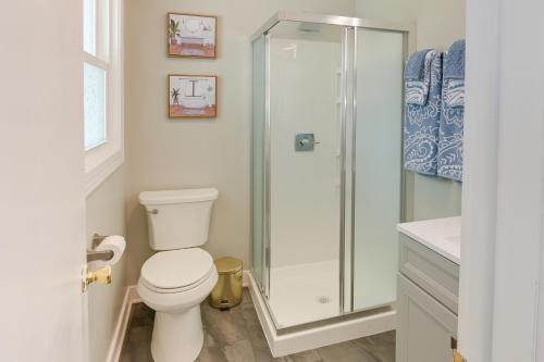 a bathroom with a toilet and a glass shower at Family-Friendly Blacksburg Retreat with Playground! in Blacksburg