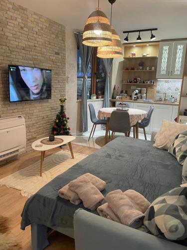 a living room with a large bed and a kitchen at Boutique apartment Bansko Bell Tower in Bansko