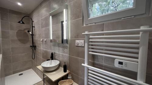 uma casa de banho com um lavatório e um chuveiro com uma janela em Gîte 4/6 personnes La mélodie du bonheur em Habas
