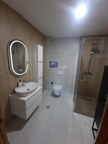 a bathroom with a sink and a shower and a toilet at Natural White apartments in Bjelašnica