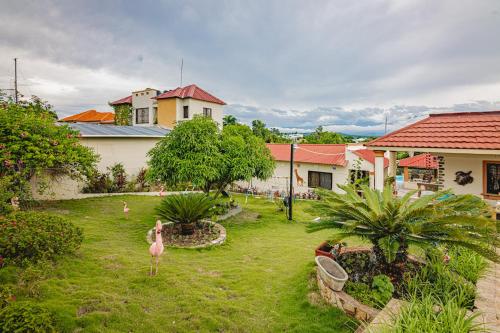 un patio con dos flamencos parados en la hierba en Casa de Estadía Verdún, en San José de Las Matas