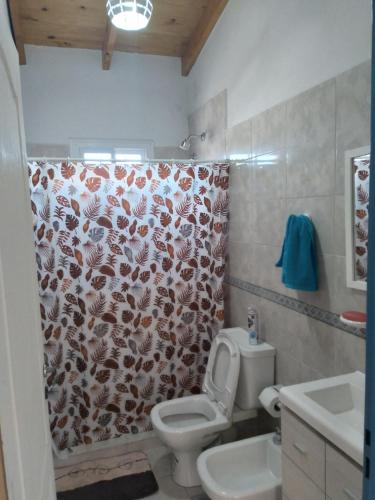 a bathroom with a toilet and a shower curtain at Km 9 in Viedma