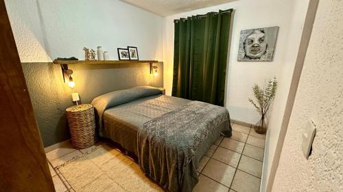a bedroom with a bed and a green shower curtain at Posadas nido del tecolote in Guadalajara