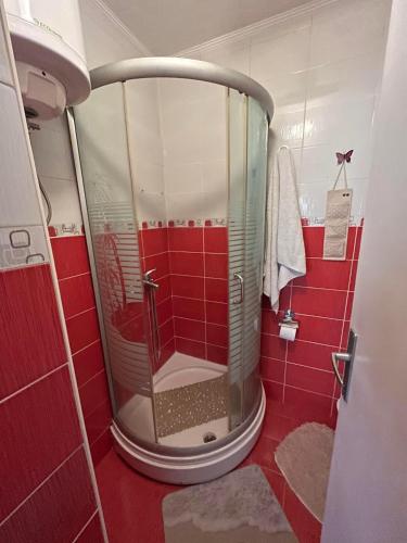 uma casa de banho com um chuveiro com azulejos vermelhos em Apartman LALA - Beograd, Surčin em Surčin