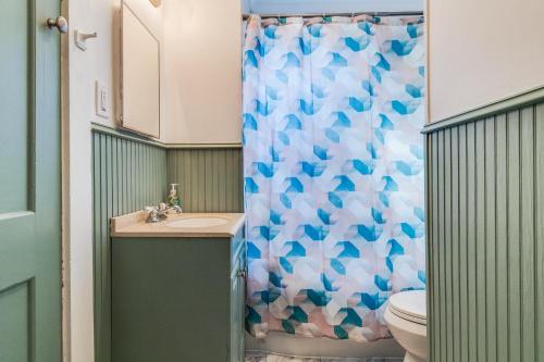 a bathroom with a toilet and a shower curtain at Jefferson Flat in Lafayette