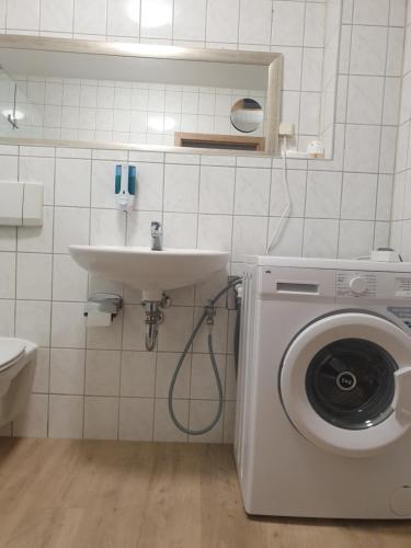 uma casa de banho com uma máquina de lavar roupa e um lavatório em Zur Elster 2 em Plauen