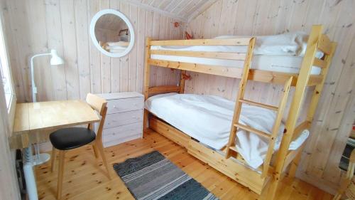 a bedroom with two bunk beds and a desk at Falkstigen 1 in Funäsdalen