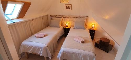 - deux lits jumeaux dans une chambre avec deux lumières dans l'établissement La rainette, à Corny