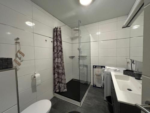 uma casa de banho com um chuveiro, um WC e um lavatório. em Motel de Winter - Motel - Apartmenthaus - Monteurzimmer em Castrop-Rauxel