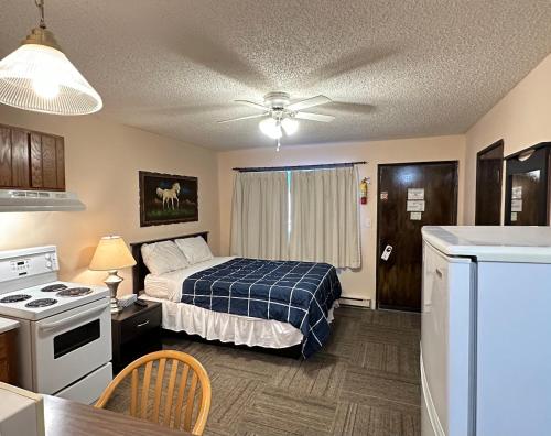 Habitación pequeña con cama y cocina en Pleasant Valley Motel Houston, en Houston
