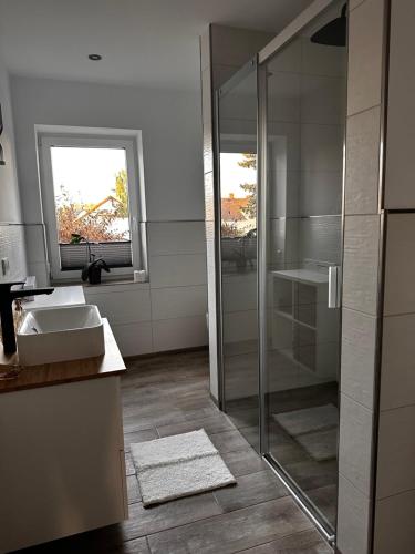 uma casa de banho com uma cabina de duche em vidro e um lavatório. em Landhof Belka em Hoyerswerda
