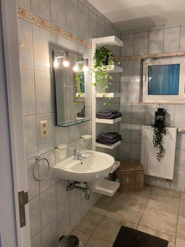 uma casa de banho com um lavatório e um espelho em Appartement de charme em Fleurus