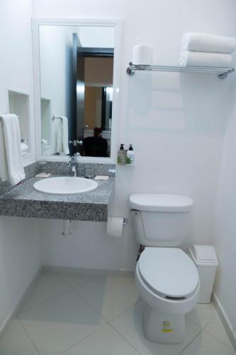 a bathroom with a toilet and a sink and a mirror at Hotel & Suites Yuca Ville Siglo XXI in Mérida