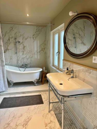 une salle de bain avec une baignoire, un lavabo et un miroir dans l'établissement Suites du trèfle, à Colmar