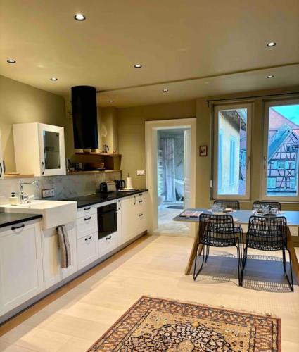 une grande cuisine avec une table, des chaises et un comptoir dans l'établissement Suites du trèfle, à Colmar