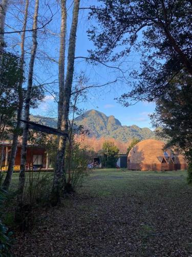 un patio con una casa y algunos árboles y montañas en Domo Rústico, en Ranco