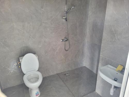 a bathroom with a shower and a toilet and a sink at Villa Sylla fall in Toubab Dialaw