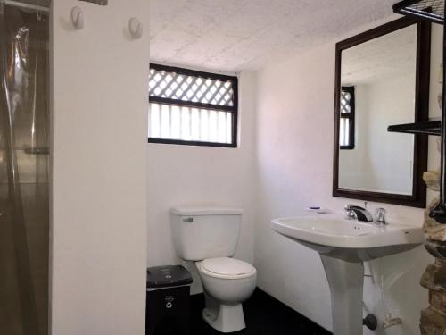 Un baño con inodoro, lavabo y espejo. en Hotel San Luis de Ucuengá, en Nobsa