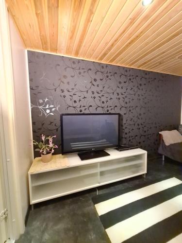 a living room with a flat screen tv on a wall at Rauhallinen kaksio Lahdentie tuntumassa, lentokenttämajoitus ja sähköauton latauspiste in Vantaa
