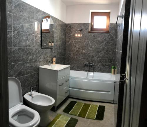 uma casa de banho com um WC, um lavatório e uma banheira em STEFANIA em Piatra Neamţ