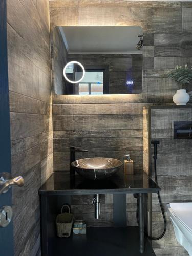 W łazience znajduje się umywalka i lustro. w obiekcie Valea Mosului - Charme A Frame w mieście Petroszany