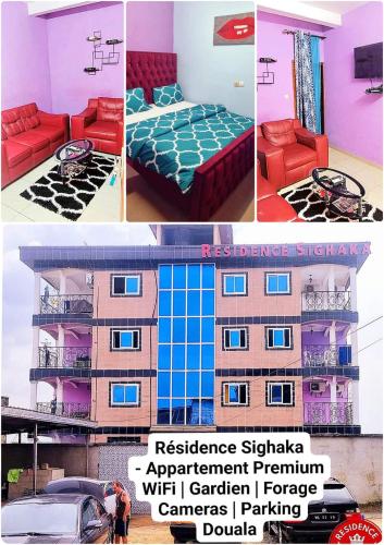 un collage de cuatro fotos de una habitación de hotel en Residence Sighaka - Studio Meublé VIP avec WiFi, Gardien, Parking, en Douala