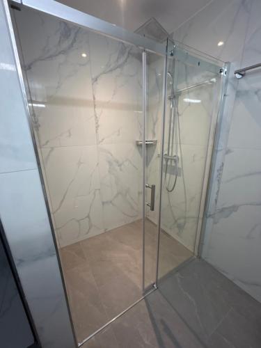a shower with a glass door in a bathroom at Café Cuore in Sankt Margrethen