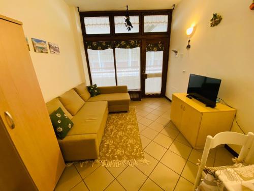 sala de estar con sofá y TV en Bilocale a Mazzin, en Campestrin