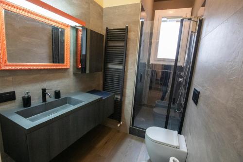 uma casa de banho com um lavatório, um chuveiro e um WC. em La Casa di Hank em Imola