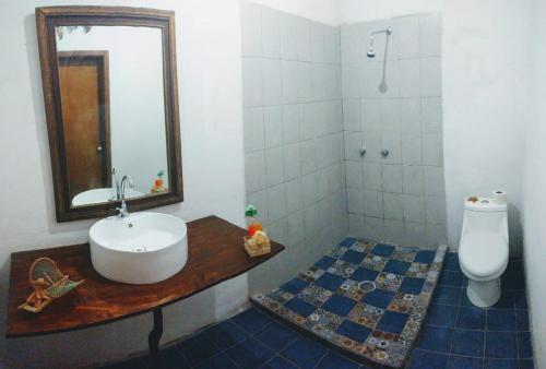 uma casa de banho com um lavatório, um espelho e um WC. em Casa Amadis em Querétaro