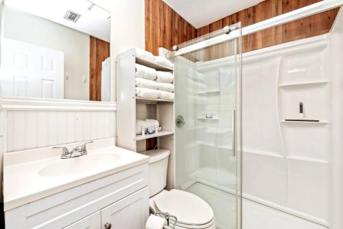 ein Bad mit einem WC, einem Waschbecken und einer Dusche in der Unterkunft Westville Pines Cabin 