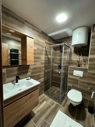 a bathroom with a shower and a toilet and a sink at Grand Apartman Kopaonik in Kopaonik