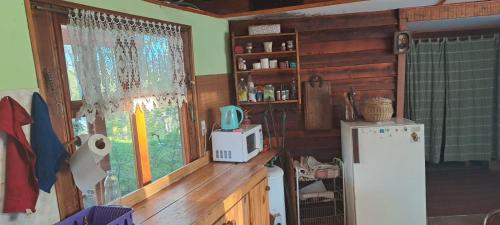 a kitchen with a white microwave and a refrigerator at Cabaña Brisas del Lago in Tolhuin